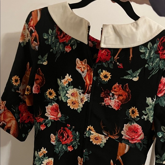 Floral and Forest Creature Print Dress with White Peter Pan Collar - Picture 5 of 8